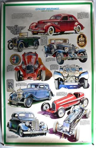 CITICORP POSTERS: A collection of four CITICORP INSURANCE posters. 'CARS OF THE 1930's', 'CARS OF THE 1940's, 'CARS OF THE 1950's', 'CARS THROUGH THE AGES' posters. Circa 1980's