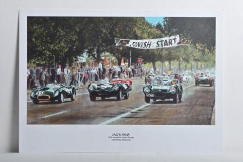 JAGUAR: A high quality print after the original artwork - 'JAG'S AWAY' - featuring 'D' Type Jaguars at the 1956 Australian Tourist Trophy, Albert Park, Melbourne