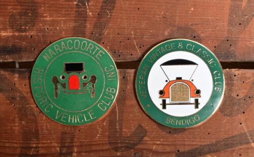 HISTORIC VEHICLES: Two car club badges. 'VETERAN VINTAGE & CLASSIC CLUB, BENDIGO' & 'HISTORIC VEHICLE CLUB INC, NARACOORTE' brass badges