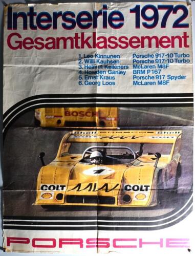 PORSCHE: An original 'Interserie 1972 - Gesamtklassement' promotional poster featuring the winning Porsche 917-10 Turbo of Leo Kinnunen