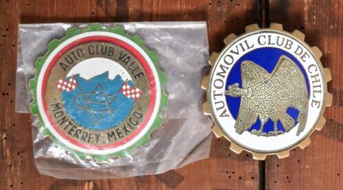 MEXICAN CAR BADGES: Two brass car badges related to Mexican auto clubs. 'AUTO CLUB MONTERREY MEXICO' & 'AUTOMOBIL CLUB DE CHILE' badges