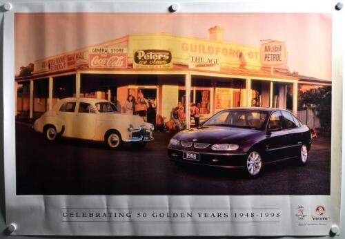HOLDEN: A commemorative 'CELEBRATING 50 GOLDEN YEARS 1948 -1998' Holden poster depicting two Holden models (FX and VT models) in rural Australian setting