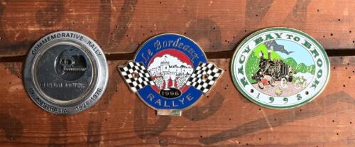 CAR RALLY: Three car rally badges. General Motors 'COMMEMORATIVE RALLY - 50 ANNIVERSARY IN AUSTRALIA 1926-1976' badge, 1998 'RACV BAY TO BROOK' badge & 1996 'Le Bordeaux RALLYE' badge