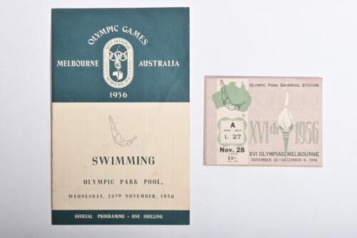 1956 MELBOURNE OLYMPIC GAMES: An original 1956 OLYMPIC GAMES MELBOURNE, AUSTRALIA - SWIMMING' Official Programme. With original 'OLYMPIC PARK SWIMMING STADIUM' entrance ticket