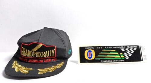 AGP: Two unused/unworn Australian Grand Prix items including a 1986 sticker and Grand Prix Rally hat from that period.