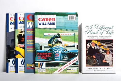 WILLIAMS F1: Five publications related to Williams F1. A Different Kind of Life' hardcover book by Virginia Williams & Official Canon Williams magazines