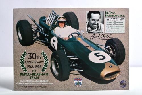BRABHAM: A BRDC card sheet commemorating the 30th Anniversary, 1966-1996, of The Repco-Brabham Team. Sir Jack Brabham signature
