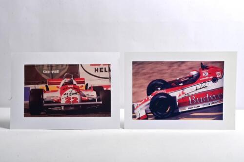 ANDRETTI: Two colour pictures of Mario Andretti in various racing cars. Alfa Romeo 179C & Newman/Haas Lola T-700 pictures signed by Mario Andretti