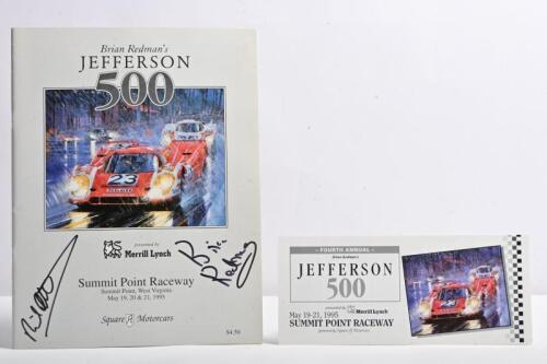 REDMAN/ATTWOOD: A 1995 'Brian Redman's JEFFERSON 500', Summit Point Raceway event guide. Front cover signed by Brian Redman & Richard Attwood