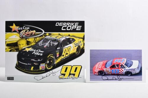 COPE: Two Derrike Cope NASCAR driver items. 'Star Com Racing DERRIKE COPE' driver profile card & colour picture of Derrike Cope racing a Chevrolet Lumina. Derrike Cope signatures