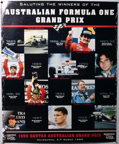 AUSTRALIAN GRAND PRIX: A large 1999 'QANTAS AUSTRALIAN GRAND PRIX, MELBOURNE, 4 - 7 MARCH' promotional poster depicting previous winners of the Australian Grand Prix. David Coulthard signature