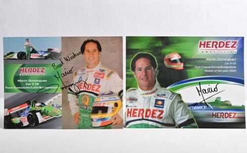DOMINGUEZ: Two HERDEZ COMPETITION Mario Dominguez driver cards. Mario Dominguez signatures