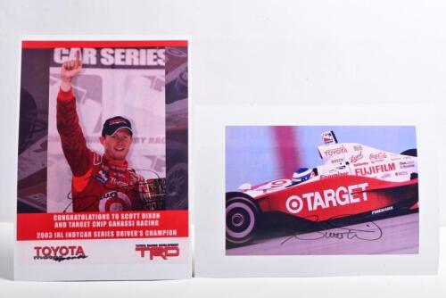 DIXON: Two colour pictures relating to Scott Dixon. Colour picture of a TOYOTA motor sports Scott Dixon and Target Chip Ganassi Racing 2003 IRL Indycar Series Driver's Champion congratulatory image. Scott Dixon signatures