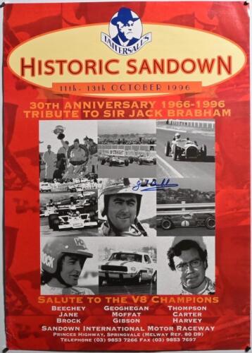 BRABHAM: A 'HISTORIC SANDOWN, 11th - 13th OCTOBER 1996, 30TH ANNIVERSARY 1966-1996 TRIBUTE TO SIR JACK BRABHAM' promotional poster. Sir Jack Brabham signature
