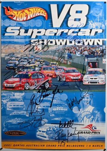V8 SUPERCARS: A 2001 QANTAS AUSTRALIAN GRAND PRIX - 'Hotwheels V8 Supercar SHOWDOWN' - promotional poster. Neil Crompton, Rick Kelly, Craig Lowndes, Mark Skaife, Greg Murphy signatures