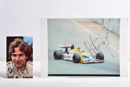 PIQUET: Two Nelson Piquet related pictures. Picture of Nelson Piquet racing a Canon Williams-Honda FW11 at The Australian Grand Prix, Adelaide, 1987. Nelson Piquet signatures