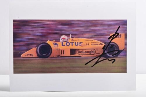 NAKAJIMA: A colour picture of Satoru Nakajima racing a Lotus 99T during the 1987 Formula 1 season. Satoru Nakajima signature