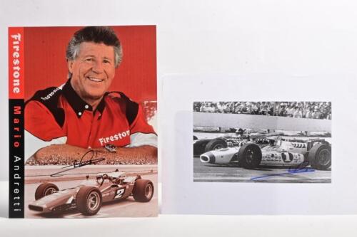 ANDRETTI: Two Mario Andretti related items. 'Firestone Mario Andretti' driver profile card & picture of Andretti in a Brawner-Hawk from 1966. Mario Andretti signatures