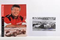 ANDRETTI: Two Mario Andretti related items. 'Firestone Mario Andretti' driver profile card & picture of Andretti in a Brawner-Hawk from 1966. Mario Andretti signatures