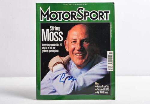MOSS: An October 1999 issue of 'MotorSport' magazine. Front cover signed by Stirling Moss