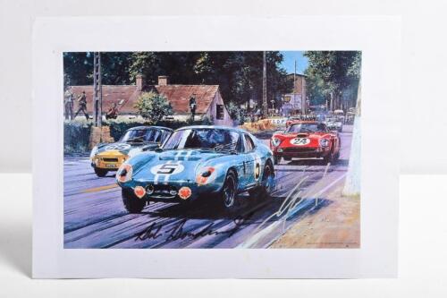 BONDURANT/GURNEY: A colour print paper copy of Nicholas Watt's - "The Cobra Strikes - Le Mans 1964" - featuring the Daytona Cobra Coupe of Bob Bondurant and Dan Gurney. Bondurant & Gurney signatures