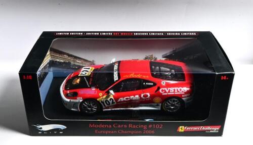 FERRARI: A Limited Edition 1:18 scale Hotwheels ELITE Modena Cars Racing #102 European Champion 2006 Ferrari F430. As raced by A.Barde. Display box sealed