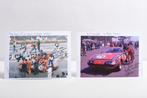 FERRARI: Two colour pictures of the Ferrari 365/GT4 Daytona as raced by Cyril Grandet/Dominique Bardini at Le Mans 1974. Cyril Grandet & Dominique Bardini signatures