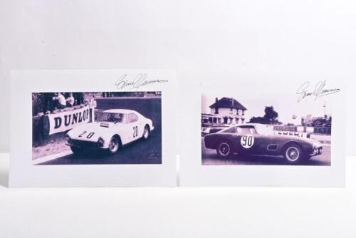 MUNARON: Two black and white images of Gino Munaron racing Ferrari's at Le Mans and Spa. Munaron signatures