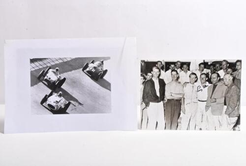 MOSS: Two black and white pictures relating to Stirling Moss. Daimler-Benz-Archiv Photo featuring the Mercedes-Benz racing team of J.Fitsch, J.D. Titterington, P.Collins, St. Moss, J.M. Fangio, Karl Kling, picture signed by Stirling Moss and Karl Kling. S