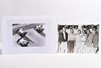 MOSS: Two black and white pictures relating to Stirling Moss. Daimler-Benz-Archiv Photo featuring the Mercedes-Benz racing team of J.Fitsch, J.D. Titterington, P.Collins, St. Moss, J.M. Fangio, Karl Kling, picture signed by Stirling Moss and Karl Kling. S