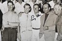 MOSS: Two black and white pictures relating to Stirling Moss. Daimler-Benz-Archiv Photo featuring the Mercedes-Benz racing team of J.Fitsch, J.D. Titterington, P.Collins, St. Moss, J.M. Fangio, Karl Kling, picture signed by Stirling Moss and Karl Kling. S - 3