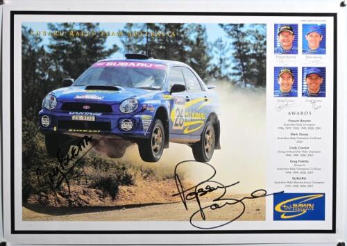 BOURNE: A SUBARU RALLY TEAM AUSTRALIA promotional poster with image of Subaru WRX rally car. Poster signed by Possum Bourne & Greg Foletta