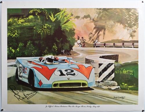 REDMAN: A James Dugdale print from 1970 - 'Jo Siffert/Brian Redman Win the Targa Florio, Sicily, May 1970' depicting the Brian Redman/Jo Siffert Porsche 908/3 at the 1970 Targa Florio. Print signed by Brian Redman