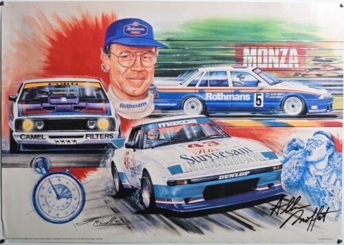 MOFFAT: A Limited Edition colour illustration poster commemorating eighteen years of association between Rothmans of Pall Mall and Allan Moffat by G.McNeill from 1995. Depicts various racing cars of Allan Moffat. Poster signed by Allan Moffat