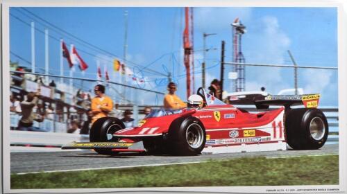 SCHECKTER: A colour laminated picture of Jody Scheckter racing a 1979 Ferrari 312 T4. Jody Scheckter signature