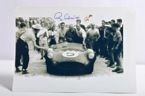 MOSS/SALVADORI: A black and white image of Roy Salvadori and Stirling Moss riding in the Aston Martin DBR1 at Le Mans 1959
