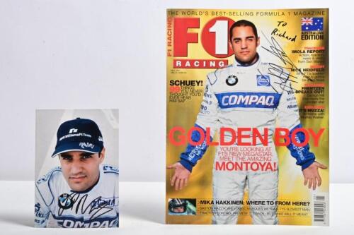 MONTOYA: Two items related to Juan Pablo Montoya. 'Juan Pablo Montoya, BMW.WilliamsF1 Team' profile card signed by Montoya