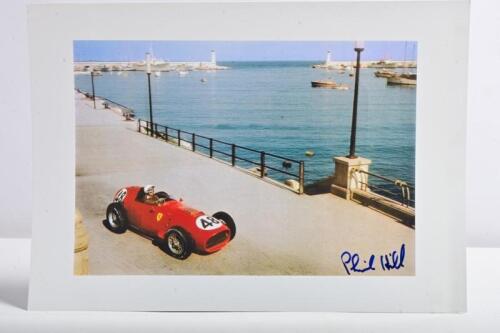 HILL: A colour picture of Phil Hill driving a Ferrari 246F1 Short Nose at Monaco 1959. Phil Hill signature
