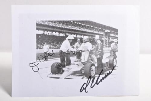INDIANAPOLIS: A black and white picture on paper of the Chaparral Racing Pennzoil IndyCar of Al Unser and Jim Hall at the 1979 Indianapolis 500. Jim Hall & Al Unser signatures