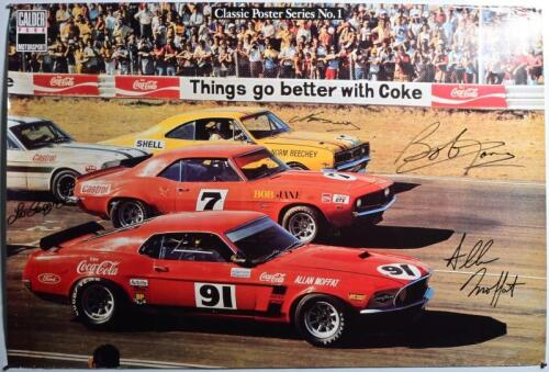 CALDER PARK: A CALDER PARK MOTORSPORTS - 'Classic Poster Series No.1' - depicting a starting grid at Calder Park featuring the Monaro of Norm Beechey, Mustang of Leo Geoghegan, Camaro of Bob Jane, Boss Mustang of Allan Moffat. Poster with signatures of No