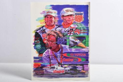 AAR/GURNEY: An AAR TOYOTA Castrol team profile card. Dan Gurney, Juan Manuel Fangio II, PJ Jones signatures