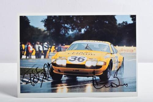FERRARI: A colour picture of Derek Bell and Teddy Pilette racing a Ferrari 365 GTB/4 at Le Mans 1972. Bell & Pilette signatures