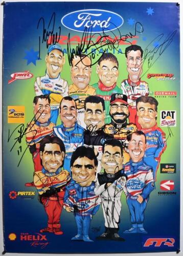 FORD: A Stonie, 'Ford RACING AUSTRALIA' , Ford racing driver poster with colour illustrations of each Ford driver from the V8 Supercar Championship. Poster with multiple signatures including Marcus Ambrose, David Besnard, John Bowe, Neil Crompton, Steve E