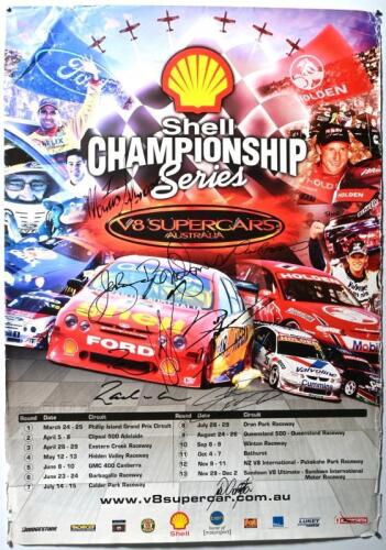 V8 SUPERCARS: A large 2001 'Shell CHAMPIONSHIP Series V8 SUPERCARS AUSTRALIA' promotional poster. Multiple V8 SUPERCARS driver signatures including Marcus Ambrose, John Bowe, Neil Crompton, Craig Lowndes, Paul Morris