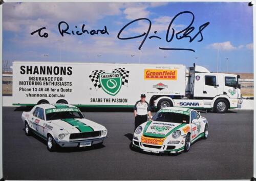 RICHARDS: A double-sided SHANNONS poster depicting various Shannons sponsored race cars of Jim Richards. Jim Richards signature