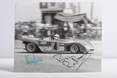 FERRARI: A black and white image by Bill Warner Photography of a Ferrari 312 PB as raced by Clay Regazzoni/Brian Redman. Regazzoni/Redman signatures