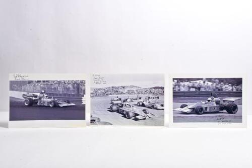BROWN: Three black and white pictures of Warwick Brown racing a 1975 Works Talon MR 1 at Leguna Seca Circuit, California USA. Warwick Brown signatures