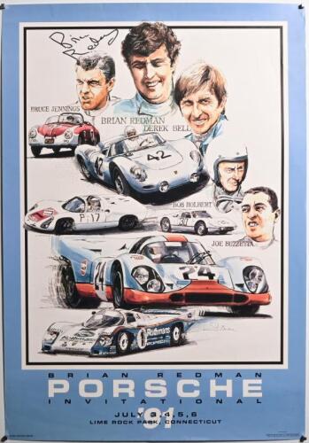 REDMAN: A 'BRIAN REDMAN PORSCHE INVITATIONAL, JULY 3 - 6', Lime Rock Park, Connecticut promotional poster. Brian Redman signature