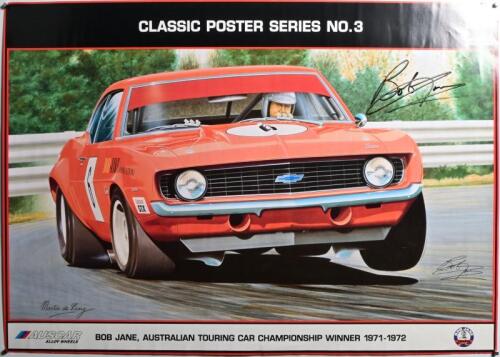 JANE: A Martin de Lang print from 'CLASSIC POSTER SERIES NO.3, CALDER PARK MOTORSPORT' depicting Bob Jane racing his Chevrolet Camaro. Poster signed by Bob Jane