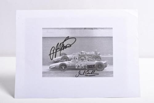 BRABHAM/FOYT: A paper image of Sir Jack Brabham and AJ Foyt at the 1969 Indianapolis 500. Sir Jack Brabham & AJ Foyt signatures